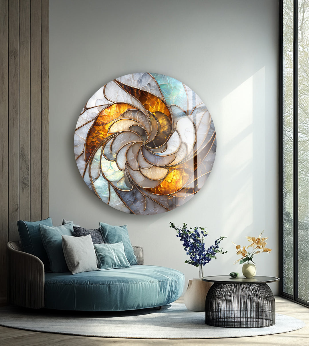 Golden Spiral Radiance – Round Glass Wall Art