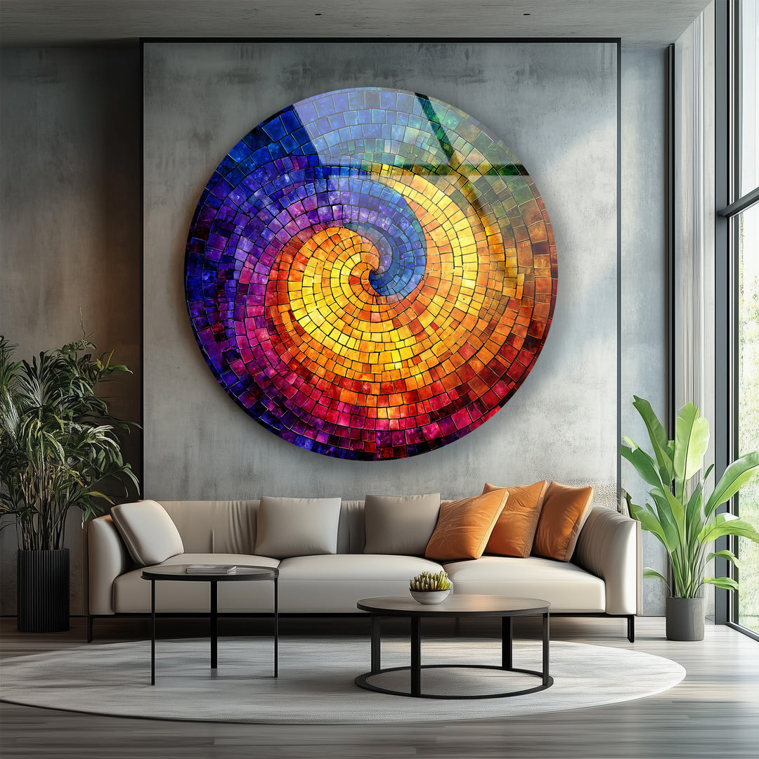 Chromatic Spiral – Vibrant Abstract Mosaic Round Glass Wall Art