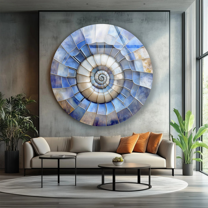 Ocean Spiral Shell – Blue & Sand Round Glass Wall Art - MyPhotoStation