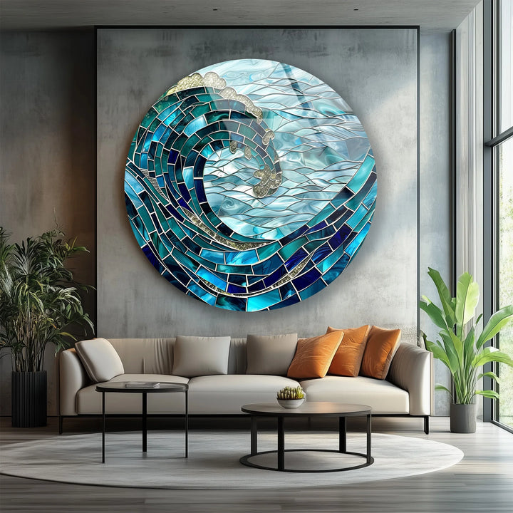 Golden Crest Wave Mosaic Round Glass Wall Art - MyPhotoStation