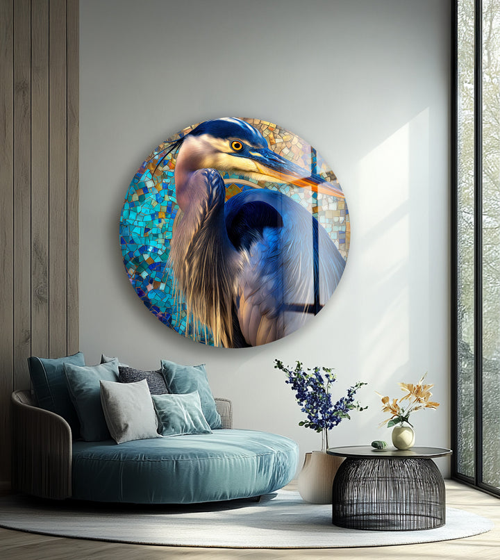 Azure Watchful Heron – Round Glass Wall Art