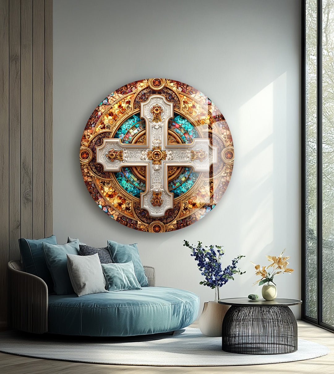 Imperial Cross Mosaic – Round Glass Wall Art