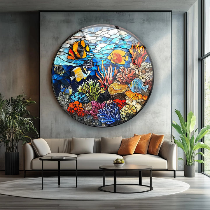 Coral Reef Mosaic Round Glass Wall Art - MyPhotoStation