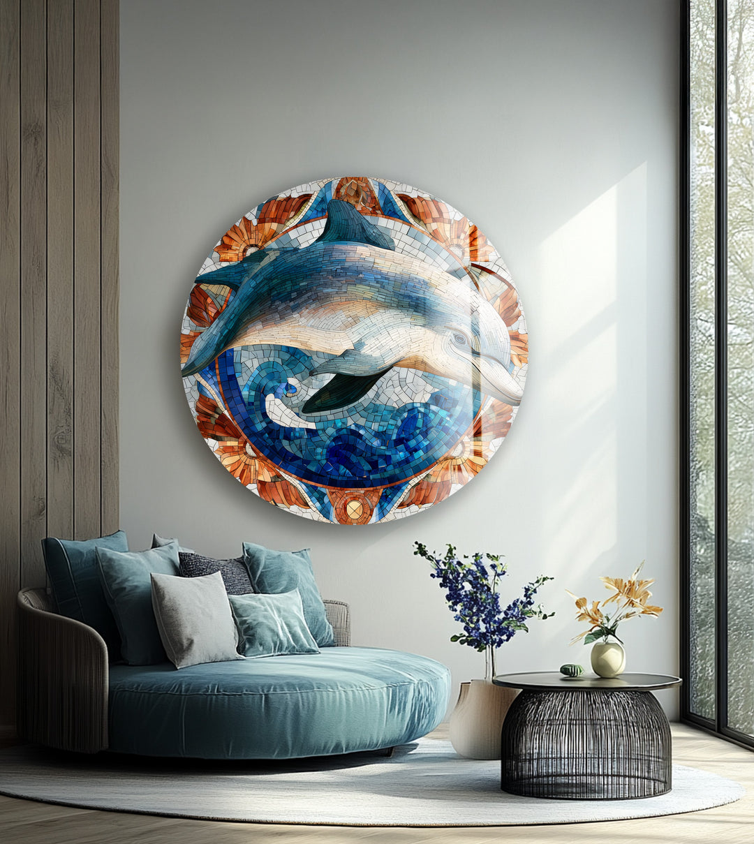 Ocean Spirit Dolphin – Round Glass Wall Art