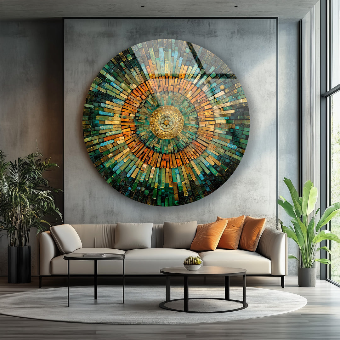 Golden Horizon – Emerald & Amber Mosaic Round Glass Wall Art