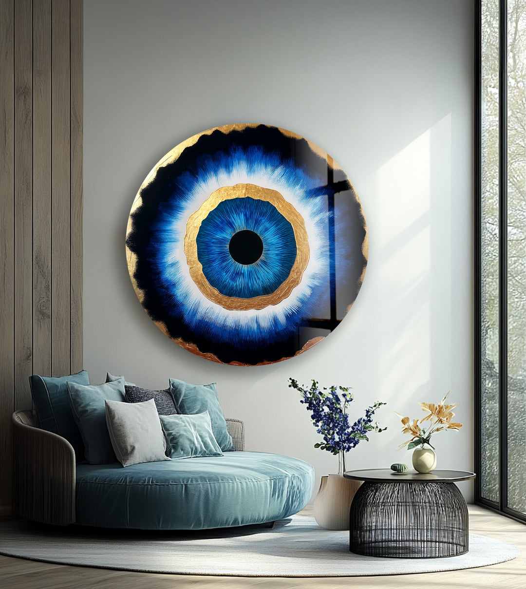 Golden Aura – Blue Eye Round Glass Wall Art