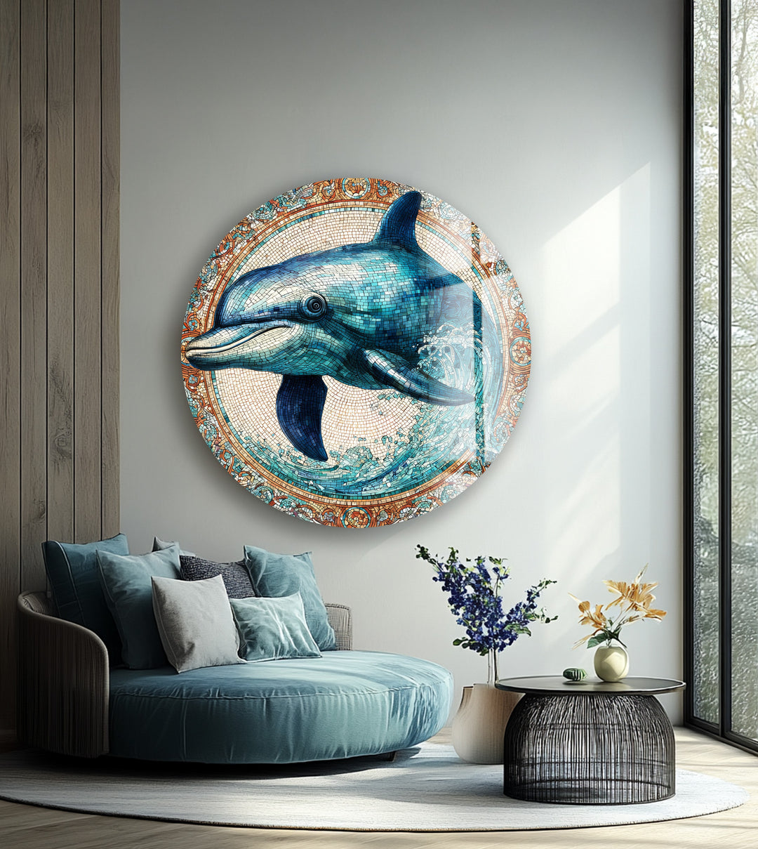 Cerulean Joy Dolphin – Round Glass Wall Art