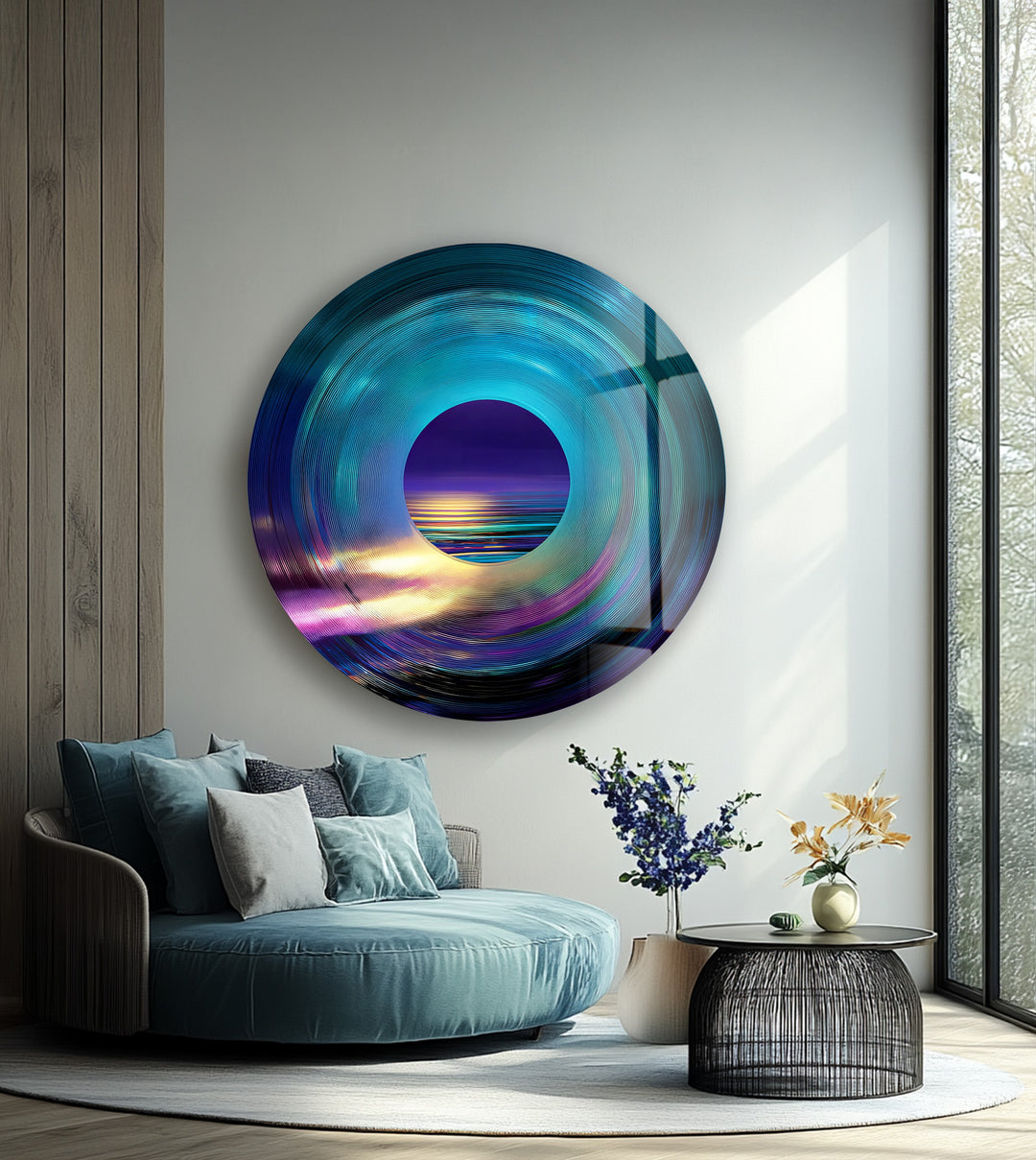 Luminous Horizon – Abstract Ocean View Round Glass Wall Art