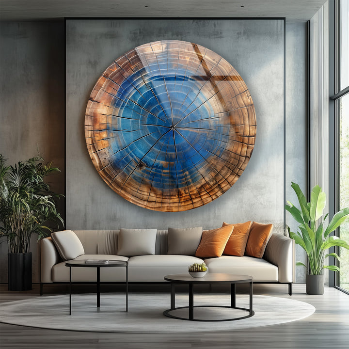 Natural wood and blue tone glass wall art design