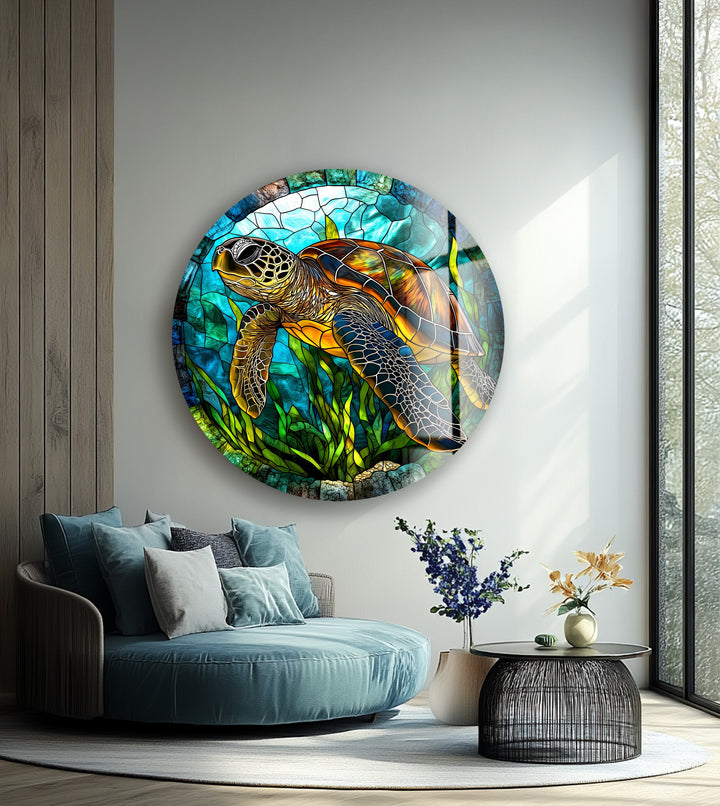 Sea Turtle Stained – Round Glass Wall Art