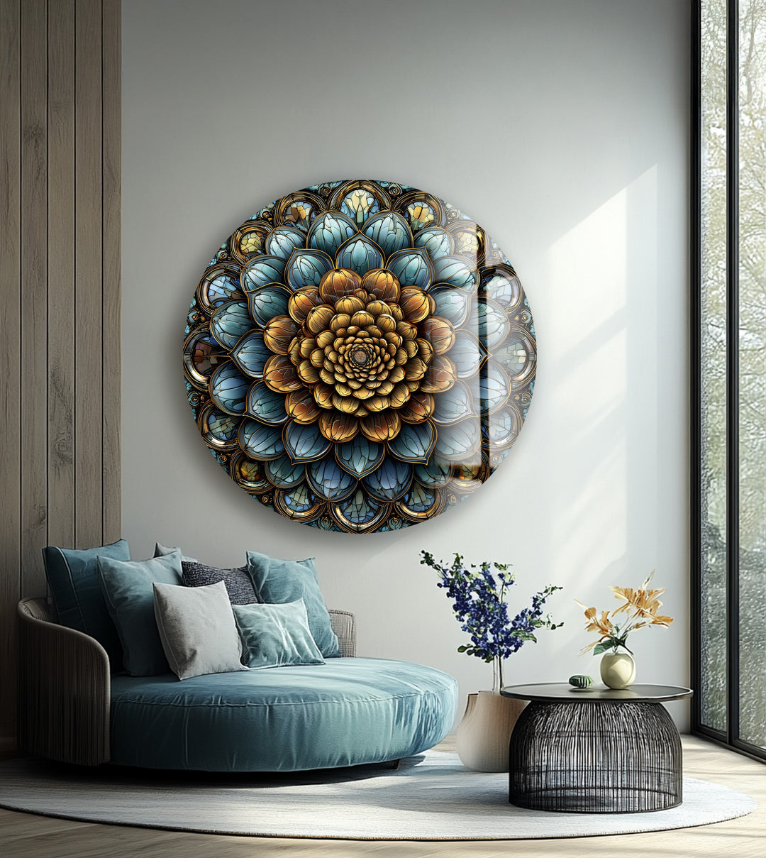 Golden Mandala Bloom – Round Glass Wall Art