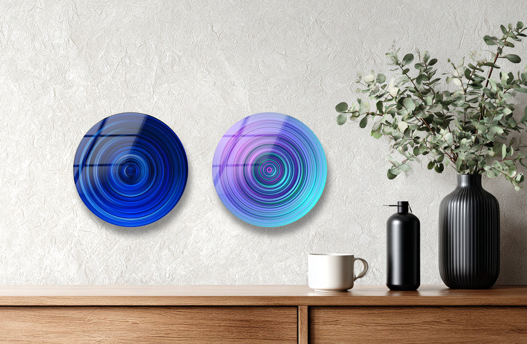 Modern blue and rainbow glass wall art set