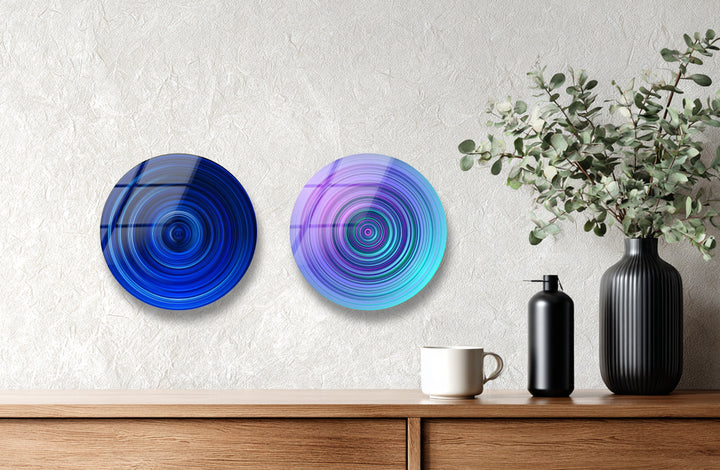 Modern blue and rainbow glass wall art set
