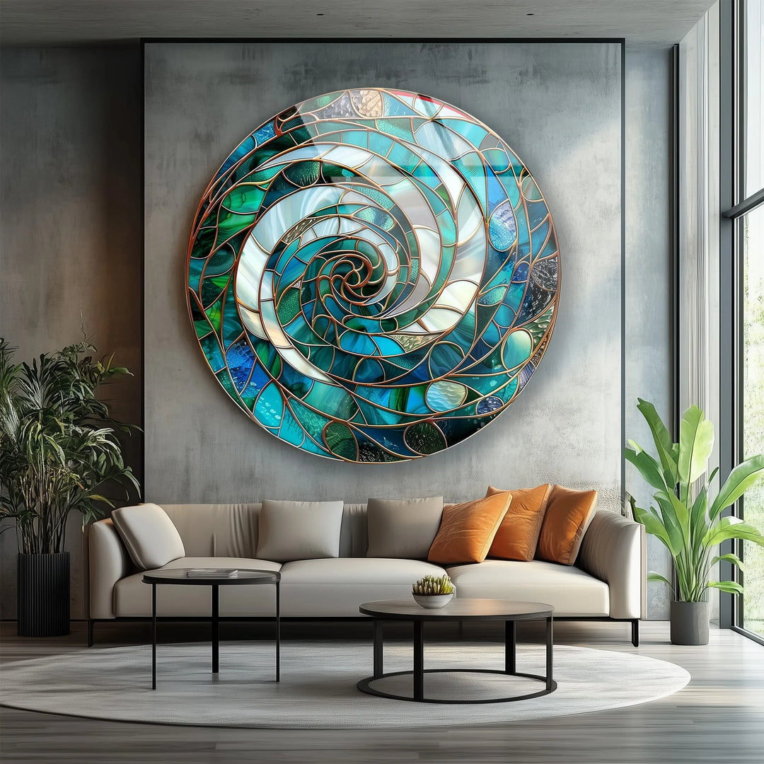 Aqua Spiral Harmony – Round Glass Wall Art - MyPhotoStation