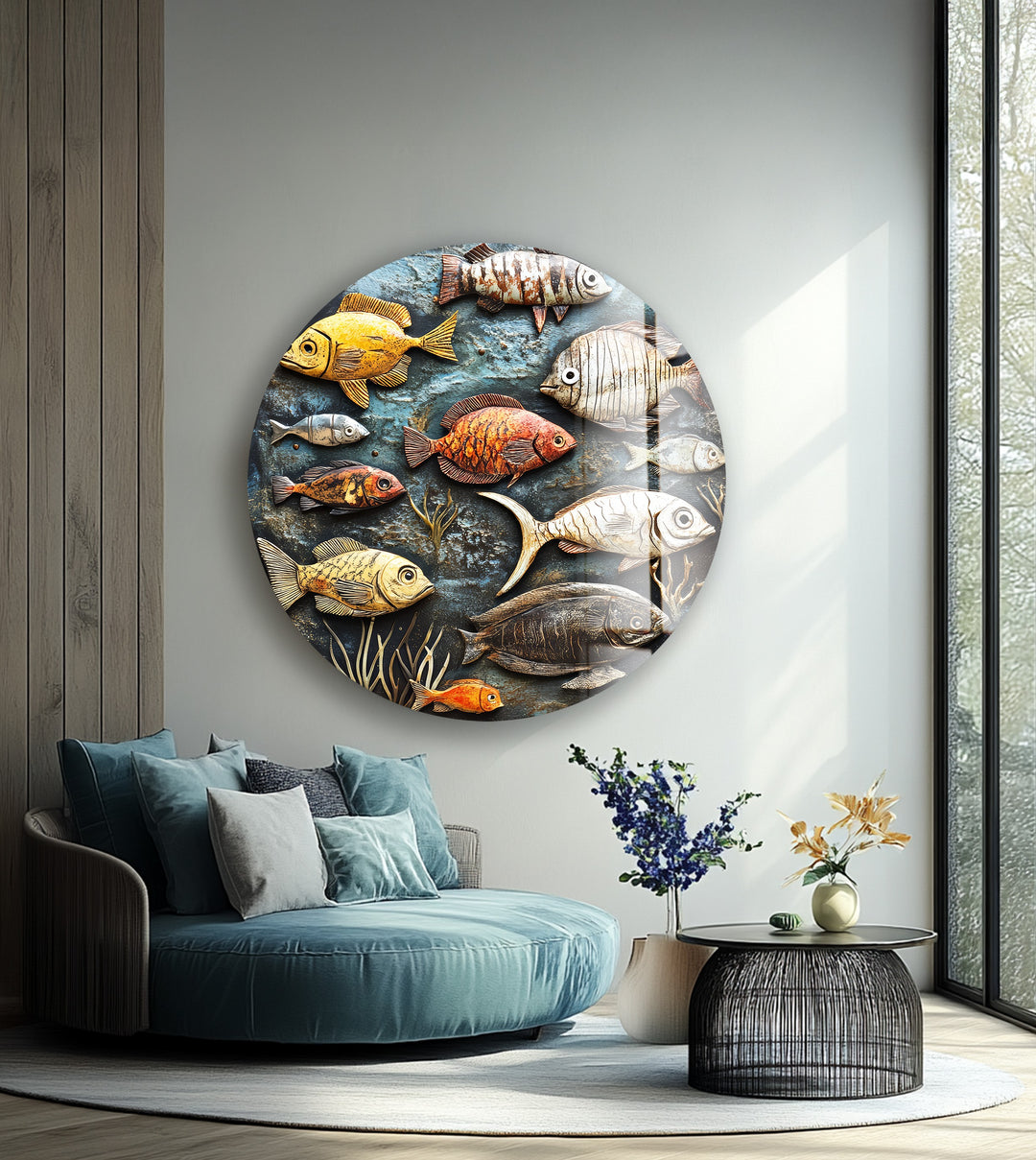 Ocean Harmony Mosaic – Round Glass Wall Art