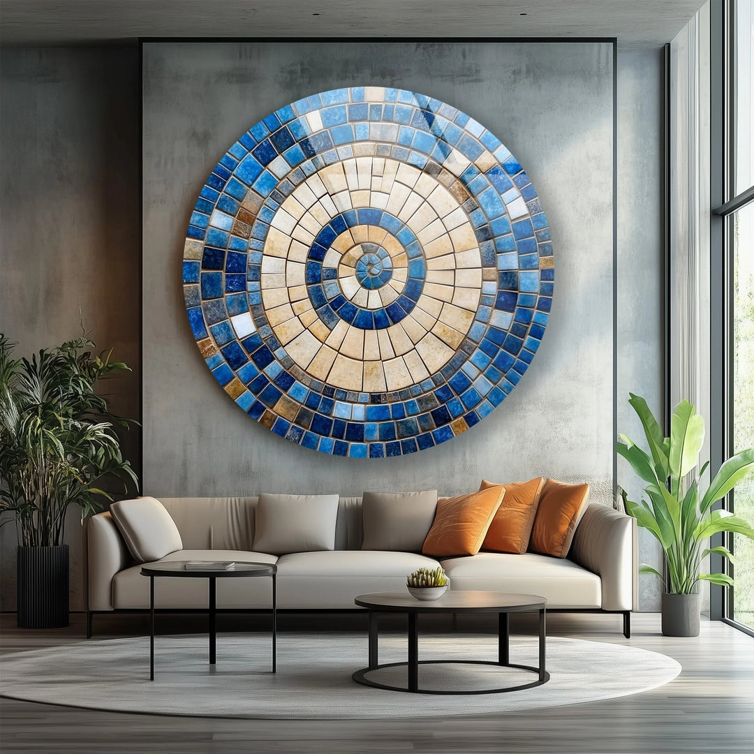 Coastal Sunburst – Beige & Blue Round Glass Wall Art - MyPhotoStation