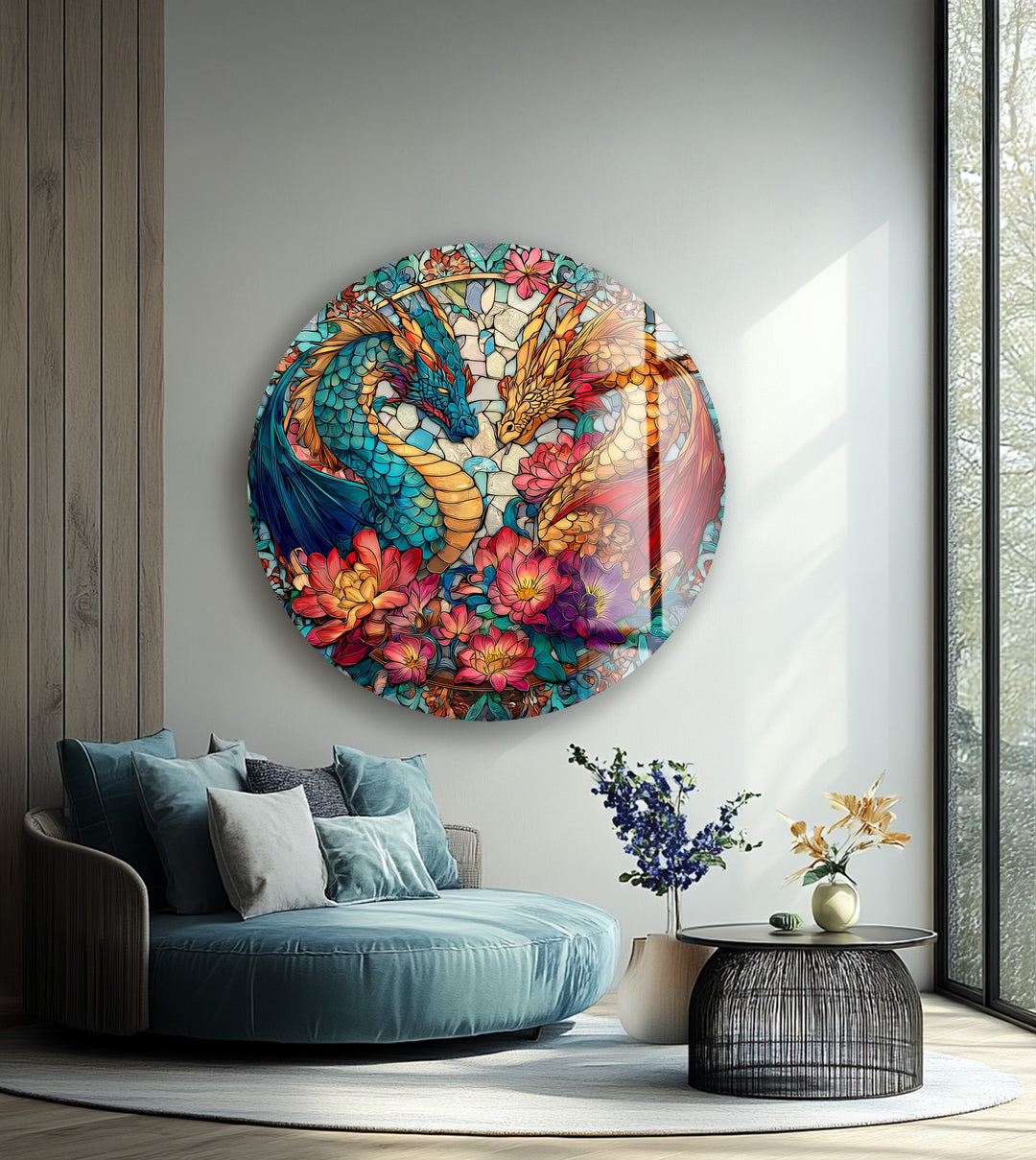 Dual Dragon Stained – Round Glass Wall Art