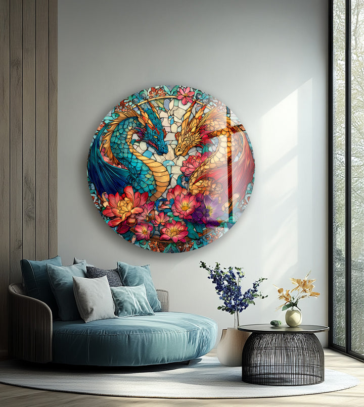 Dual Dragon Stained – Round Glass Wall Art