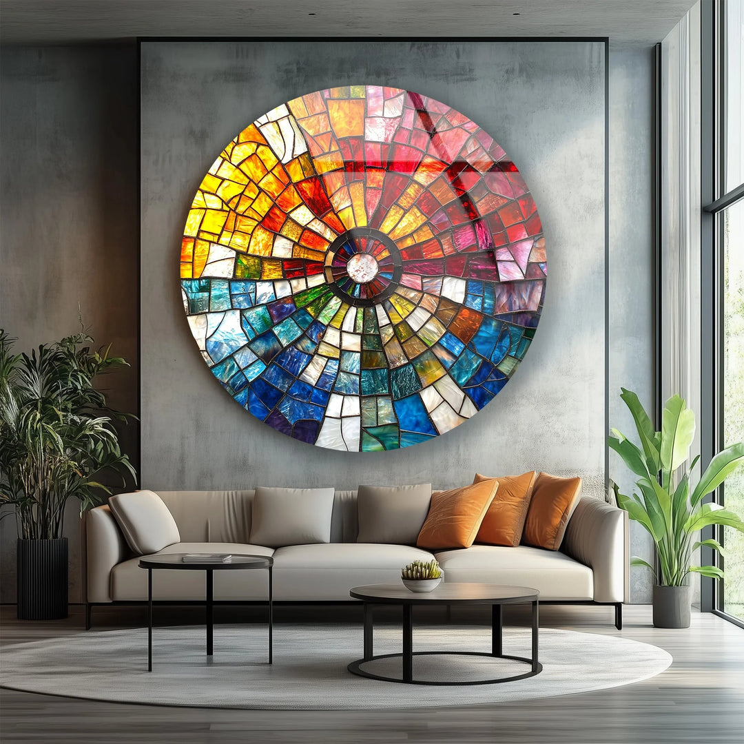 Radiant Sunburst Mosaic Round Glass Wall Art - MyPhotoStation