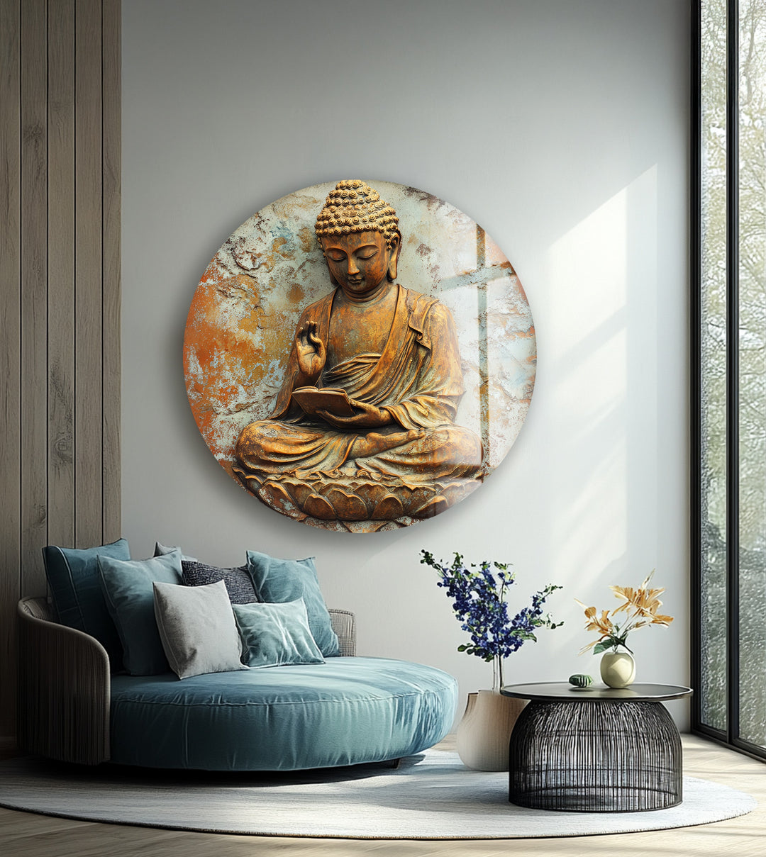 Serene Wisdom Buddha – Round Glass Wall Art