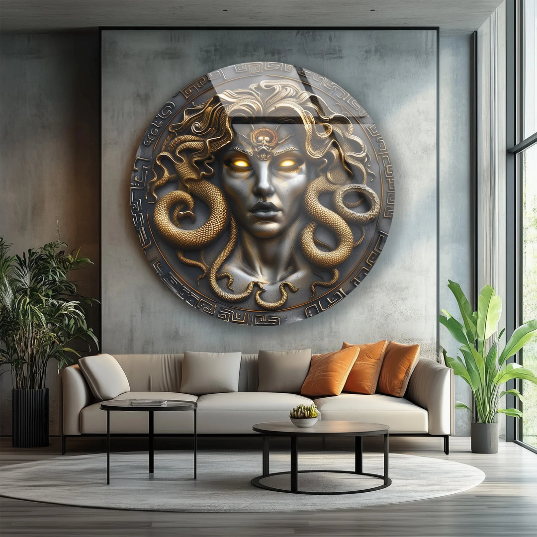 Medusa Gaze – Mythological Round Glass Wall Art - MyPhotoStation