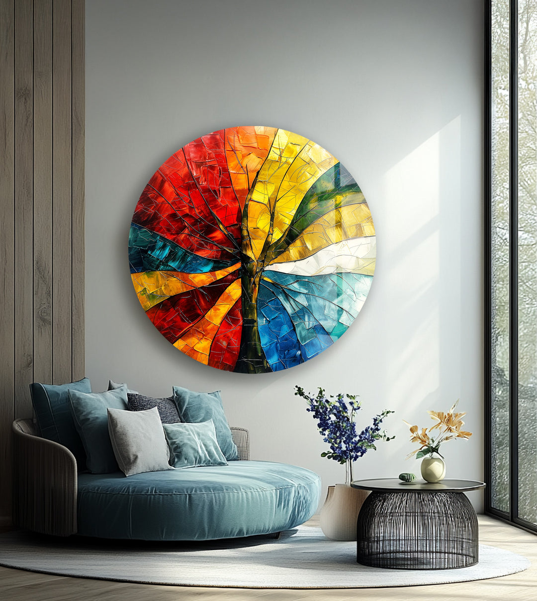 Chromatic Bloom – Multicolor Abstract Tree Round Glass Wall Art