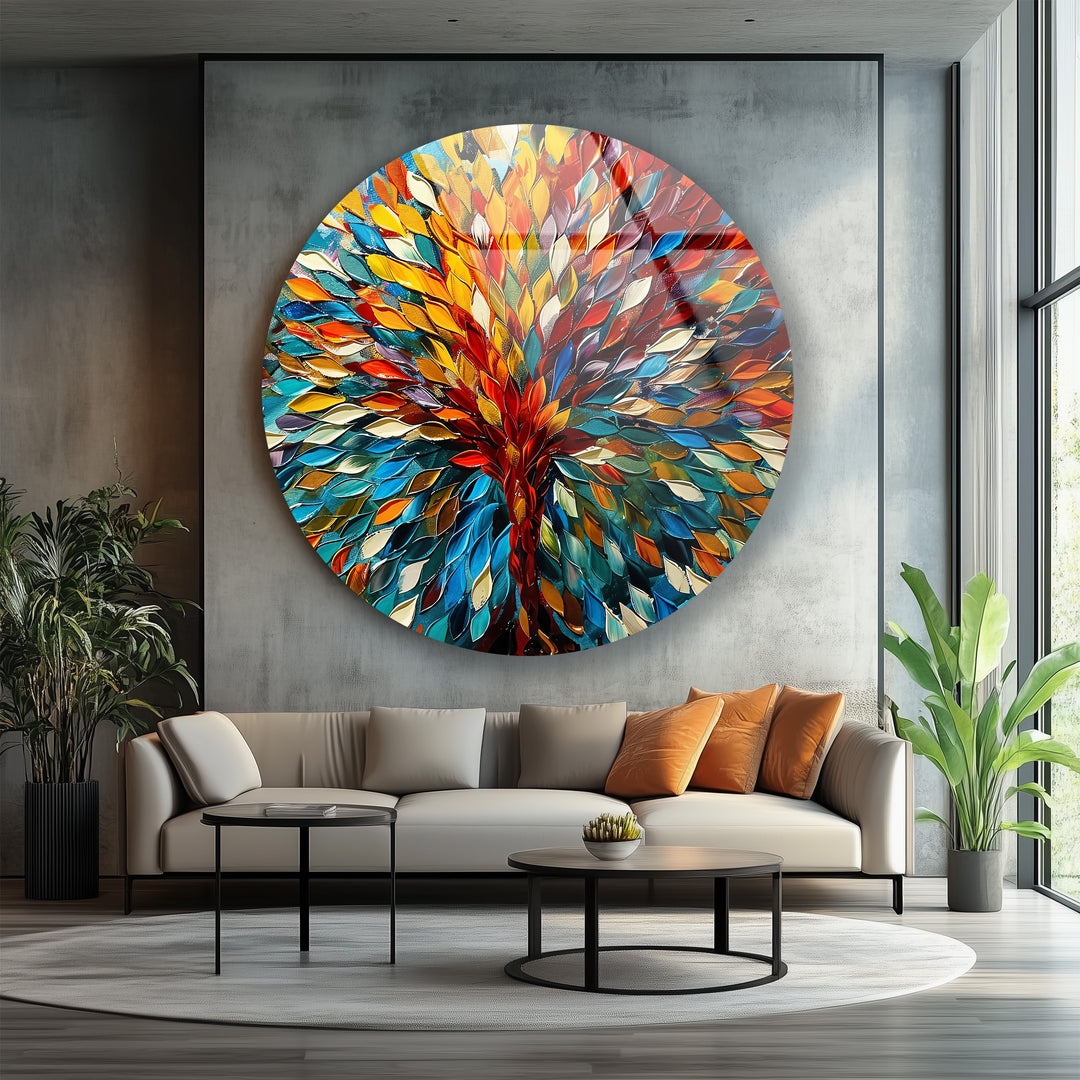 Eternal Bloom – Vibrant Tree of Life Round Glass Wall Art