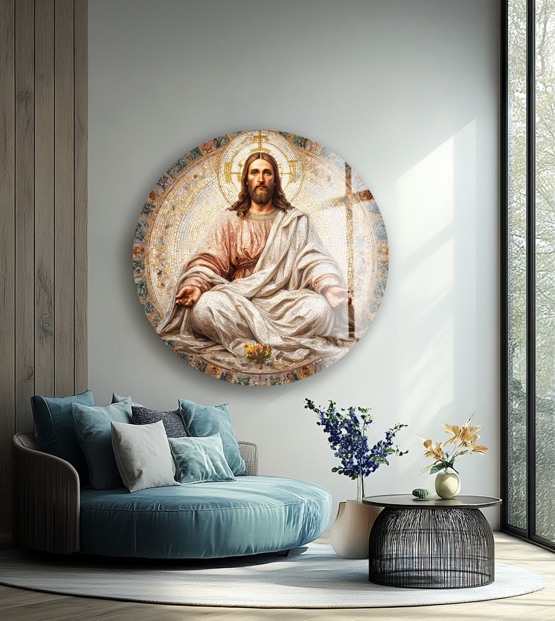 Radiant Christ in Serenity – Mosaic Round Glass Wall Art