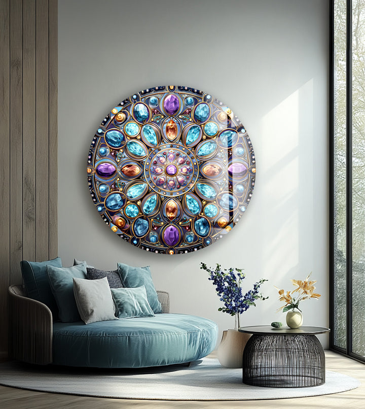 Celestial Jewel Mandala – Round Glass Wall Art