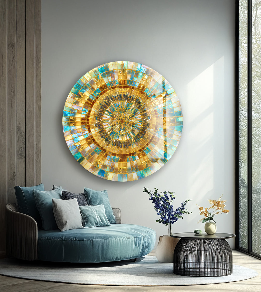 Radiant Gold and Aqua – Mandala Round Glass Wall Art