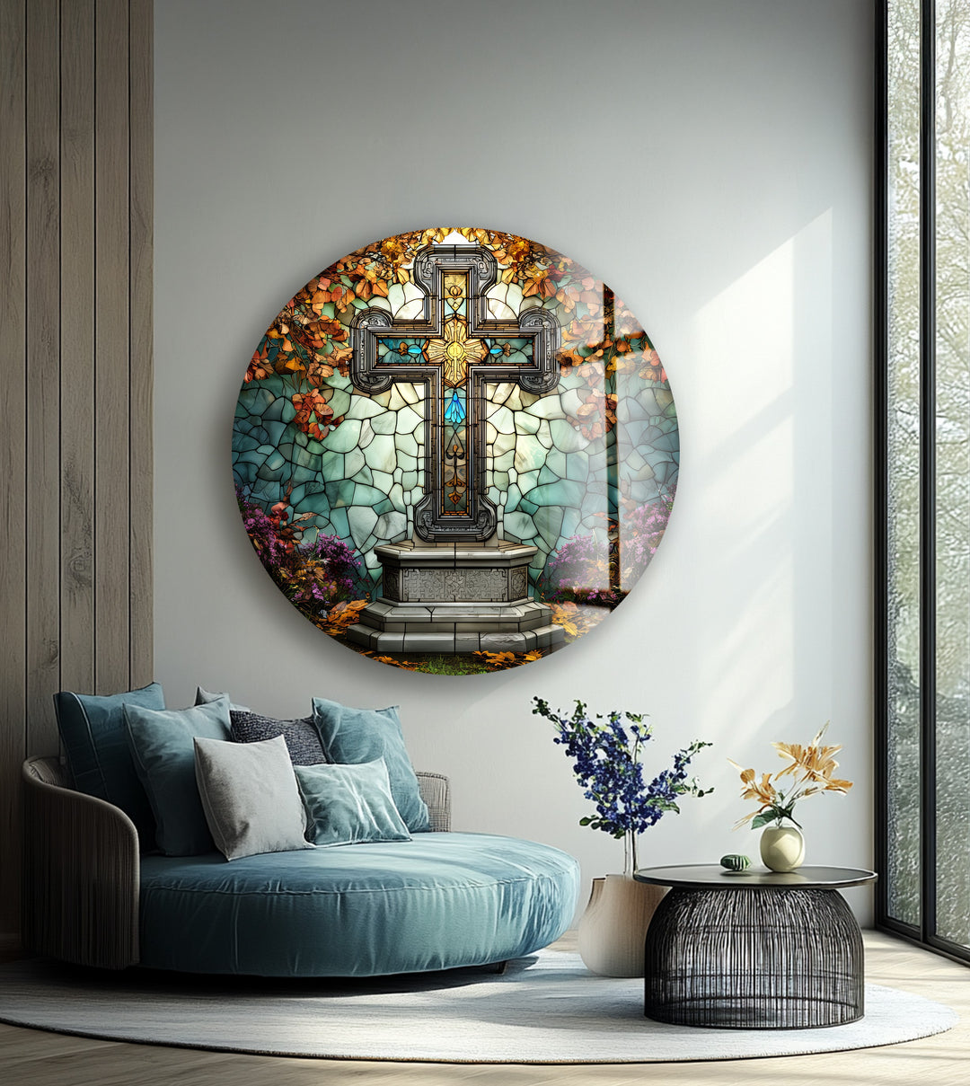 Stained Glass Cross Garden Scene – Round Glass Wall Art