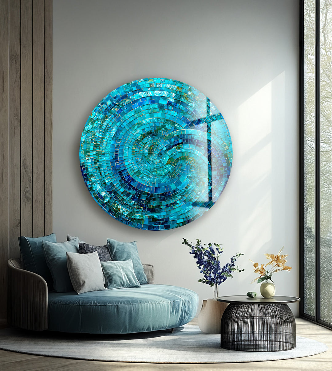 Oceanic Spiral Energy – Round Glass Wall Art