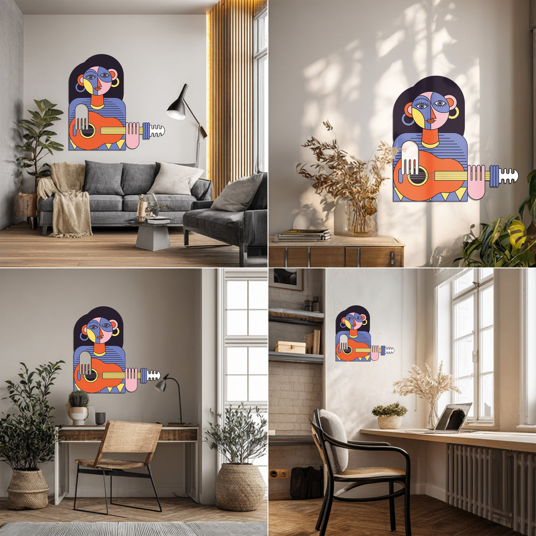 Cubist Woman with Guitar Metal Wall Art – Modern Abstract Music Decor