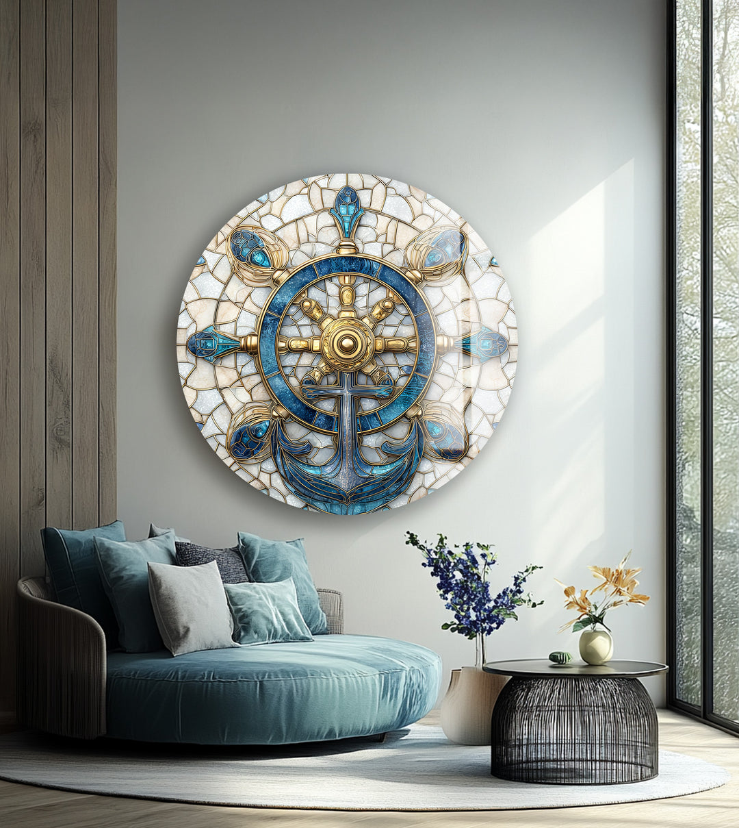 Golden Helm & Anchor Harmony – Round Glass Wall Art