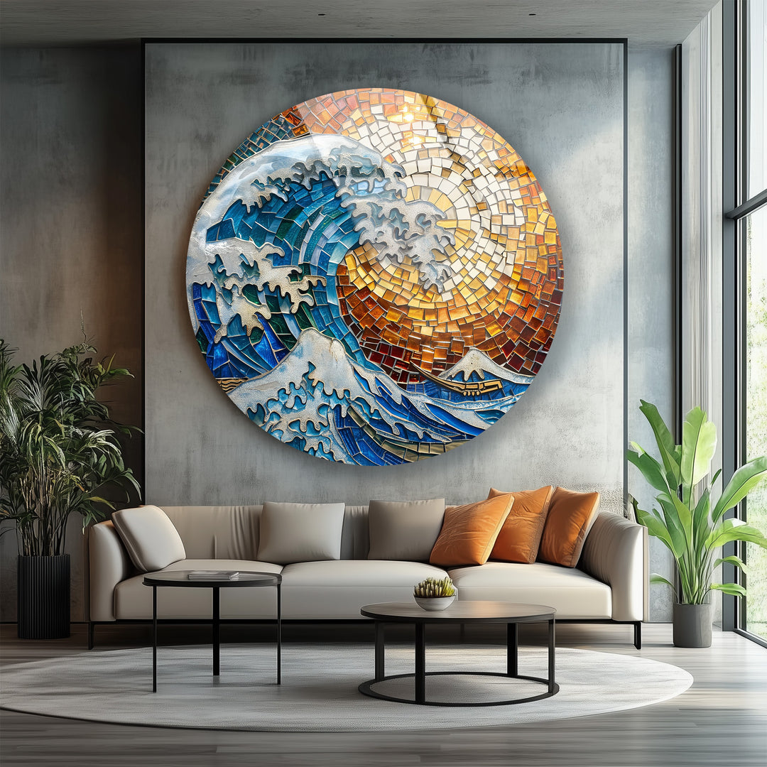Golden Wave – Mosaic Ocean Round Glass Wall Art