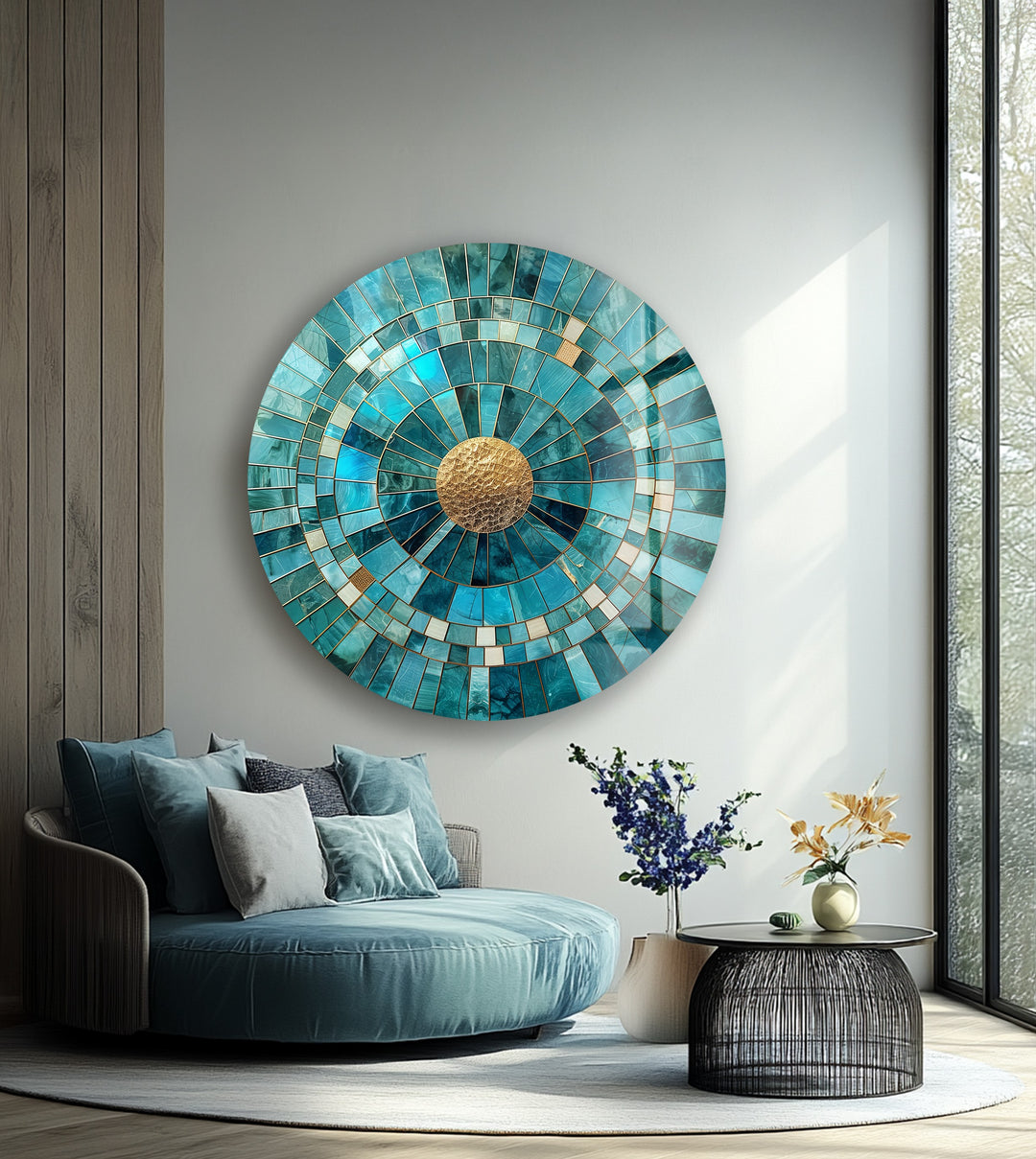 Golden Core – Turquoise Radiance Round Glass Wall Art
