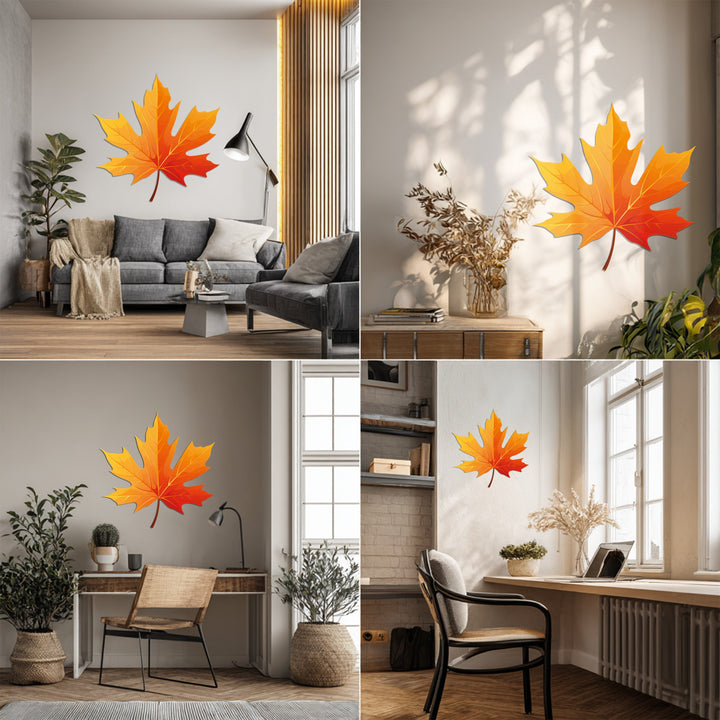 Showcasing a range of interiors from contemporary living spaces to minimalist offices, the background sets the scene for this golden autumn maple leaf metal wall decor.