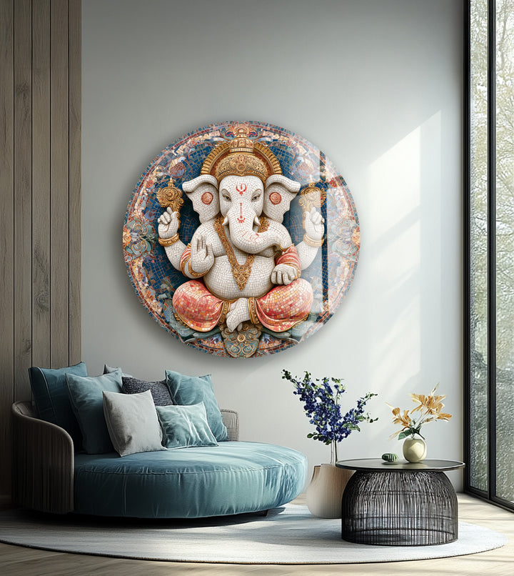 Divine Lotus Ganesha – Round Glass Wall Art
