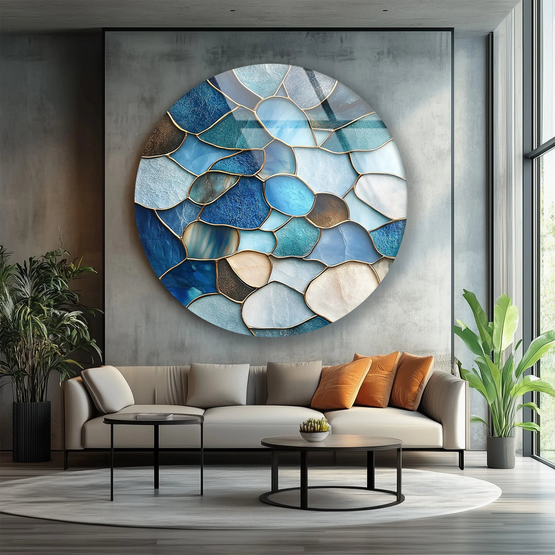 Coastal Blue Stone Mosaic Round Glass Wall Art - MyPhotoStation