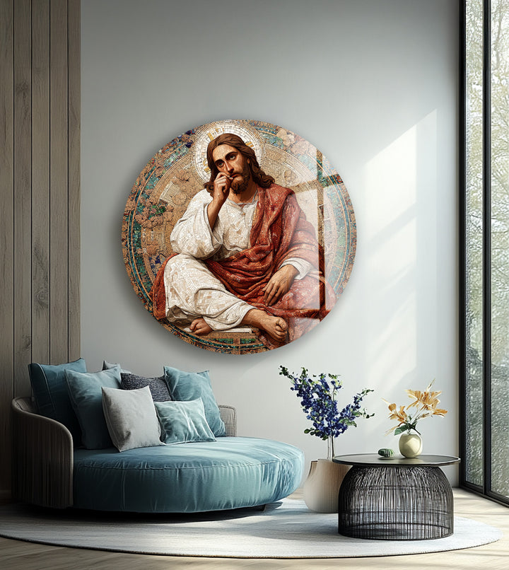Contemplative Christ Mosaic – Round Glass Wall Art
