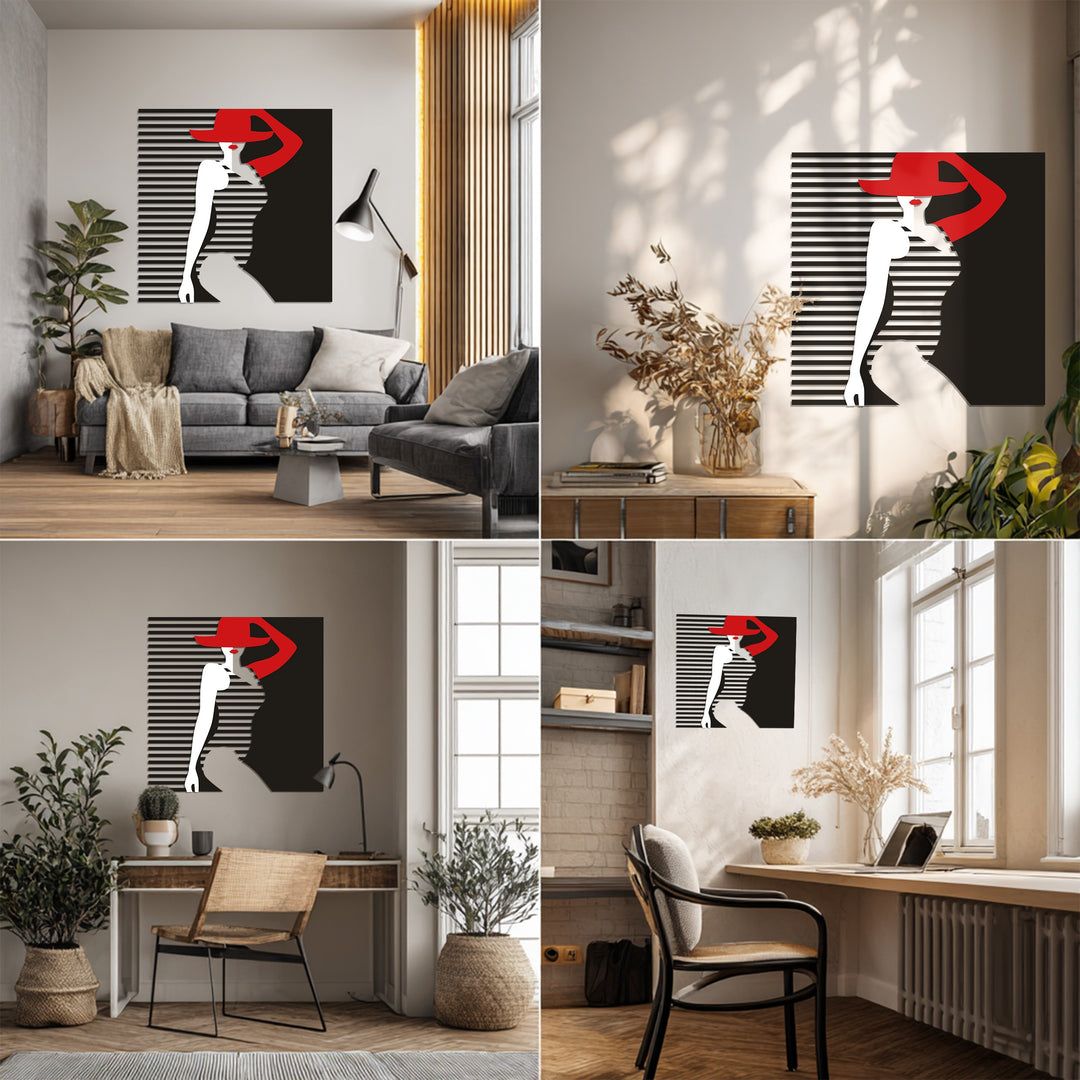 Lady in Red Hat Metal Wall Art – Elegant Minimalist Modern Decor