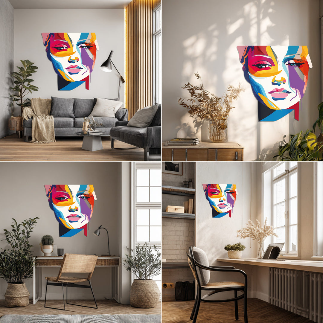 Colorful Abstract Woman Face Metal Wall Art – Modern Pop Art Home Decor