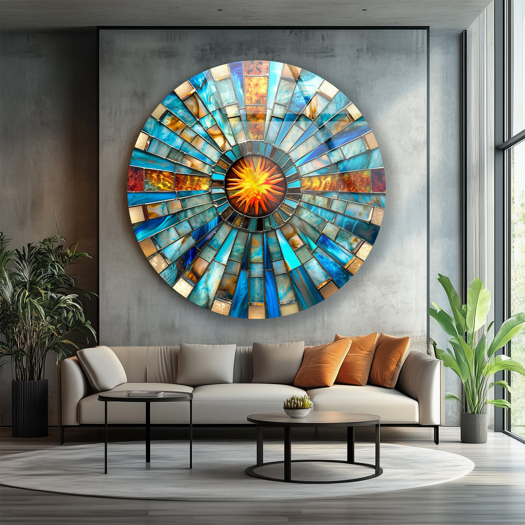 Solar Pulse – Blue & Amber Mosaic Round Glass Wall Art