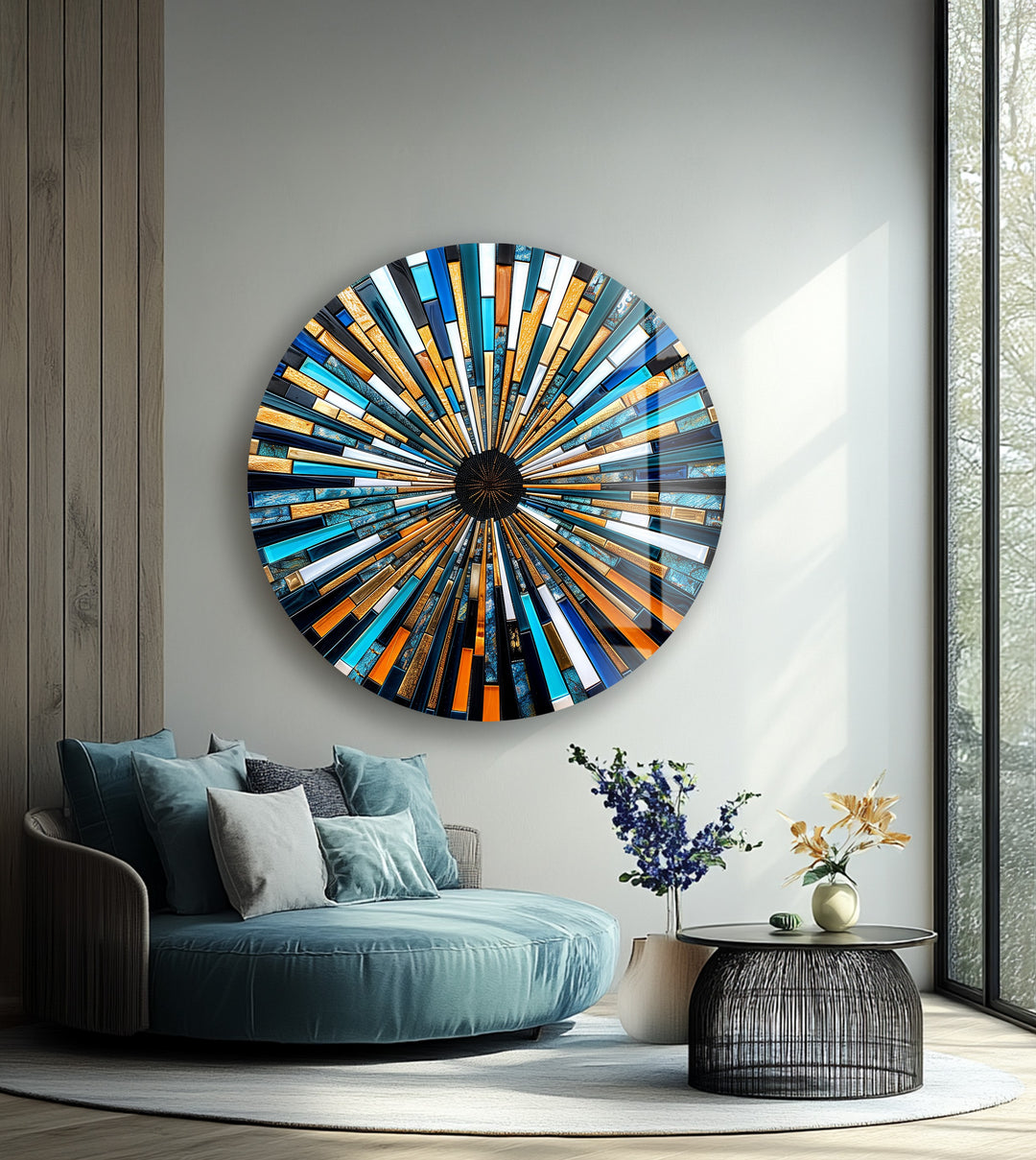 Solar Flare – Blue and Gold Geometric Mosaic Round Glass Wall Art