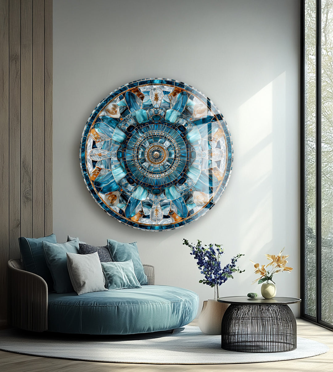 Celestial Compass Bloom – Round Glass Wall Art