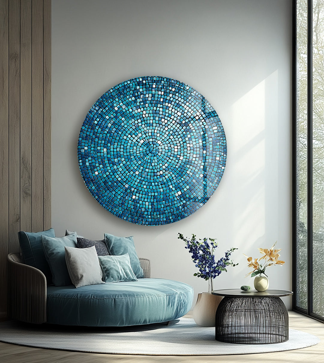 Azure Radiance Mosaic – Round Glass Wall Art
