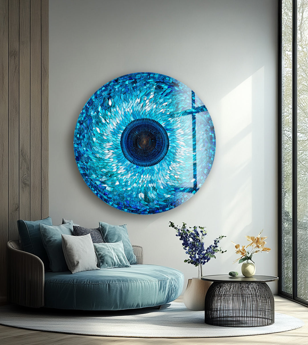 Sapphire Mosaic Evil Eye – Round Glass Wall Art