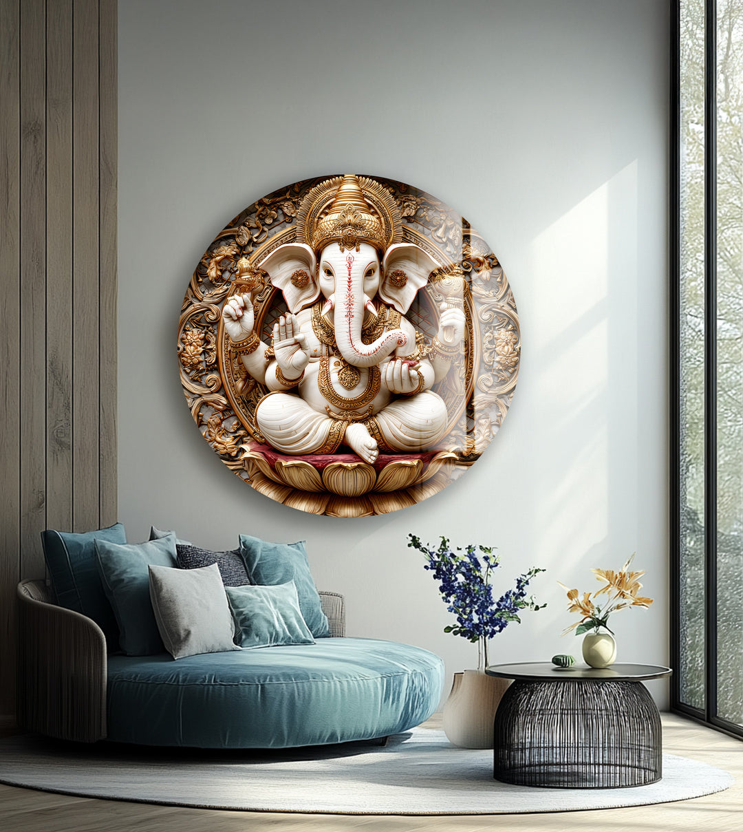 Golden Ganesha Serenity – Round Glass Wall Art
