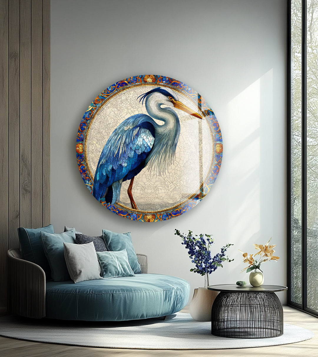 Regal Blue Heron – Round Glass Wall Art