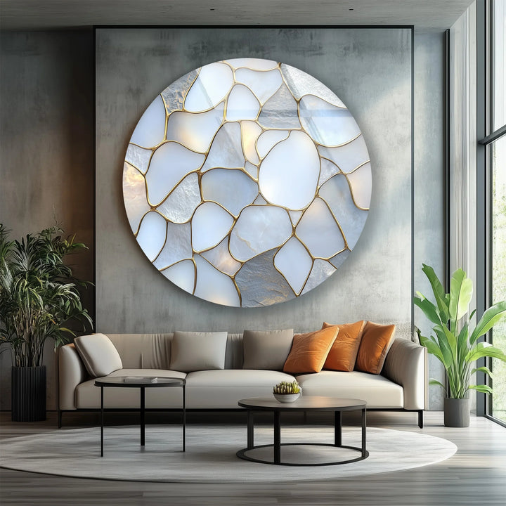 White Stone Mosaic Round Glass Wall Art - MyPhotoStation